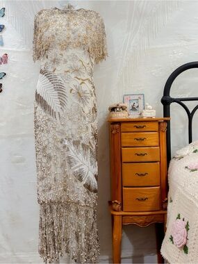 Vintage gatsby glam girly silk beaded maxi dress